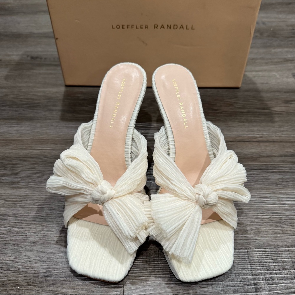 Loeffler Randall Reed Pleated Bow Sandal Heels Mule in Pearl